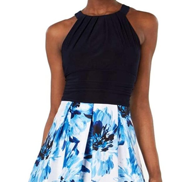NWT SLNY A-Line Dress Blue Size 10 Halter Floral Pleated Mini $119 - Picture 2 of 11